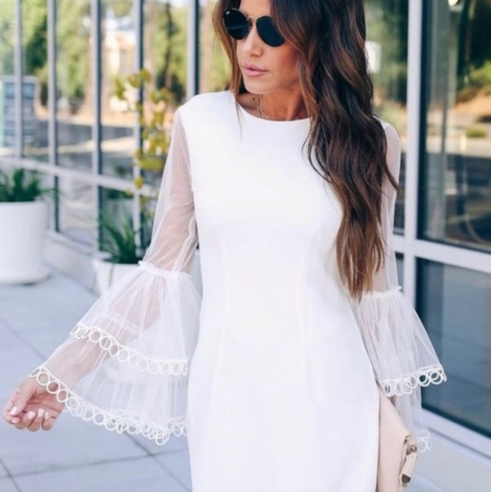 Nwt INA White Knit Mini Sheath Dress with Mesh Tiered Bell Sleeves